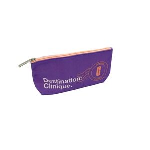 Destination Clinique Cosmetic Makeup Bag 5x10x3 Purple Orange White -Set of 15